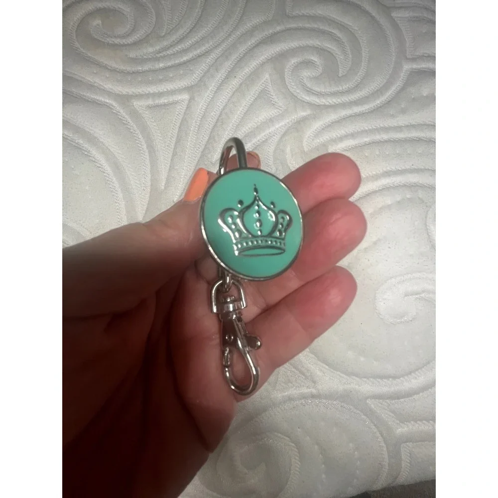 Premier Designs Teal Enamel Crown Logo Key Finder Silver Tone Keychain